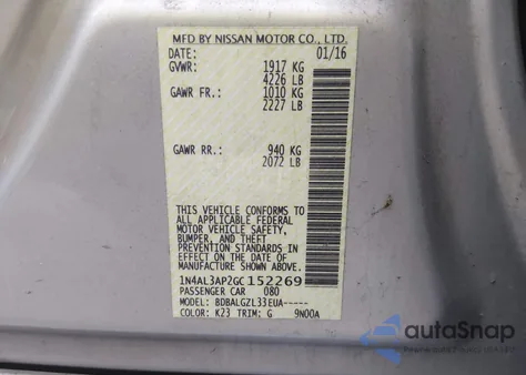 2016 Nissan Altima 2.5/2.5 S/2.5 Sl/2.5 Sr/2.5 Sv from USA, damaged, VIN 1N4AL3AP2GC152269